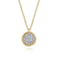 14K Yellow Gold Round Diamond Pave Pendant Necklace with Twisted Rope Frame