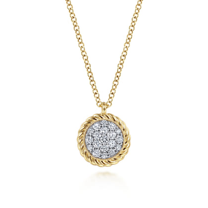 14K Yellow Gold Round Diamond Pave Pendant Necklace with Twisted Rope Frame