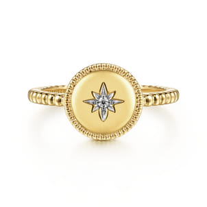 14K Yellow Gold Round Diamond Star Bujukan Signet Ring