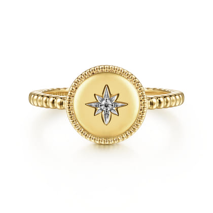 14K Yellow Gold Round Diamond Star Bujukan Signet Ring
