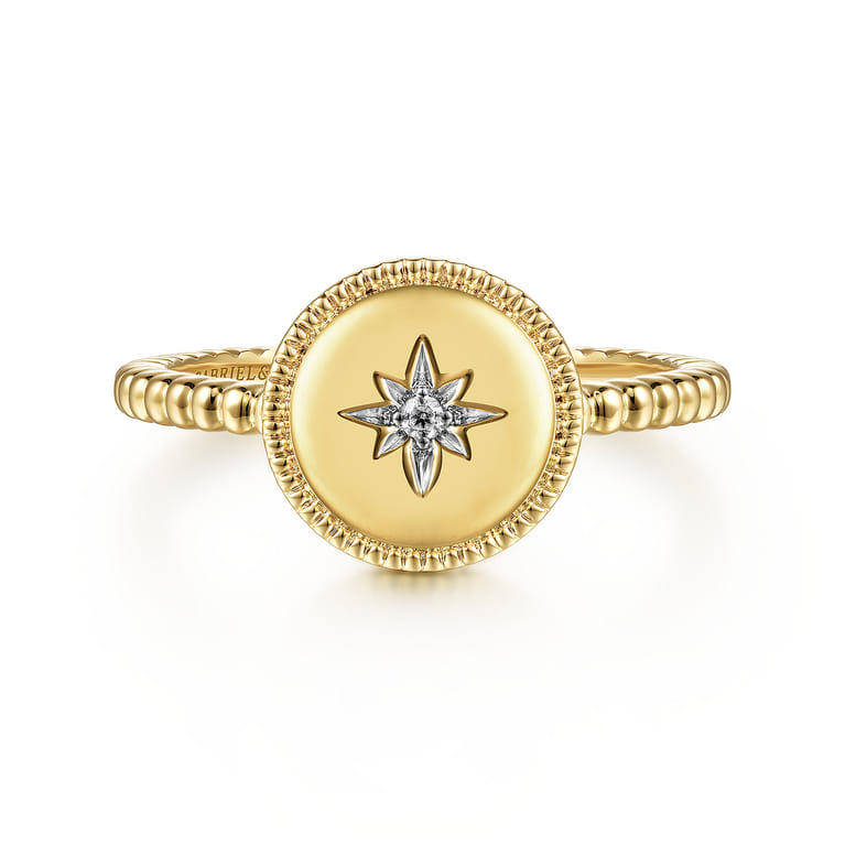 14K Yellow Gold Round Diamond Star Bujukan Signet Ring - 0.01 ct - Shot 1