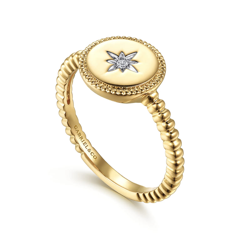 14K Yellow Gold Round Diamond Star Bujukan Signet Ring - 0.01 ct - Shot 3