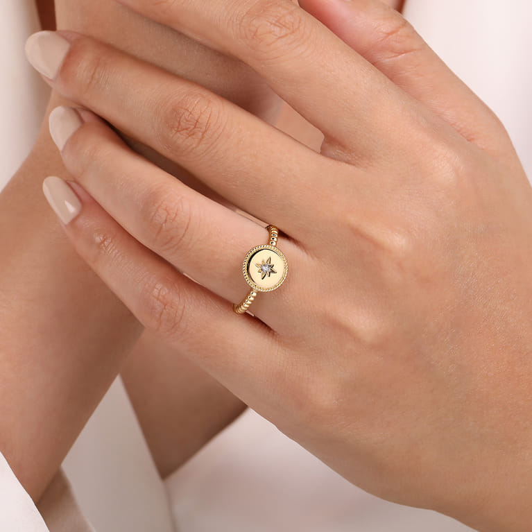 14K Yellow Gold Round Diamond Star Bujukan Signet Ring - 0.01 ct - Shot 5