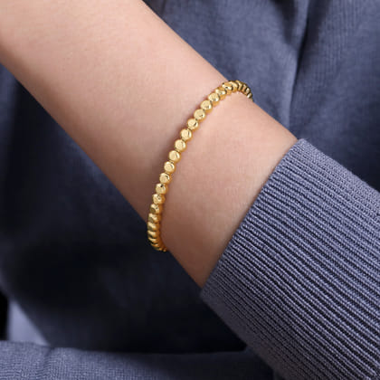 14K Yellow Gold Round Disk Pattern Closed Bangle Bracelet
