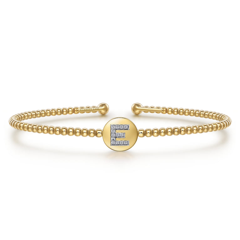 14K Yellow Gold Round E Initial Diamond Bujukan Cuff Bracelet - 0.05 ct - Shot 1