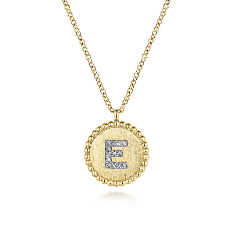 14K Yellow Gold Round E Initial Pendant Necklace with Diamonds - 0.05 ct - Shot 1