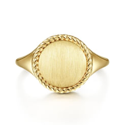 14K Yellow Gold Round  Engravable Signet Ring with Twisted Rope Frame