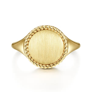 14K Yellow Gold Round Engravable Signet Ring with Twisted Rope Frame