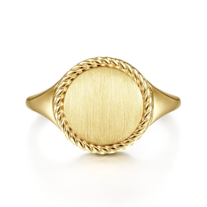 14K Yellow Gold Round Engravable Signet Ring with Twisted Rope Frame