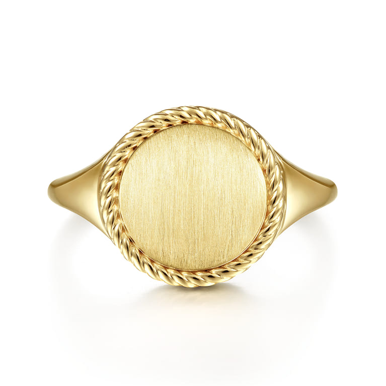 14K Yellow Gold Round Engravable Signet Ring with Twisted Rope Frame - Shot 1