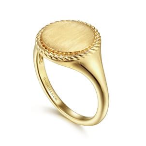14K Yellow Gold Round Engravable Signet Ring with Twisted Rope Frame