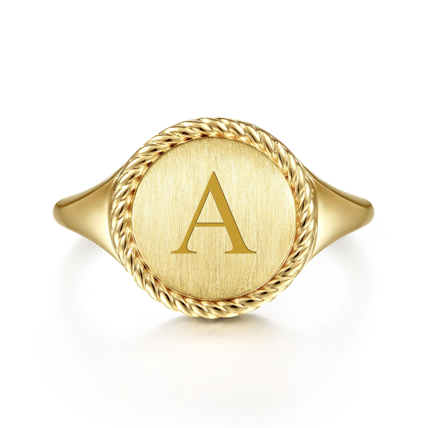 14K Yellow Gold Round Engravable Signet Ring with Twisted Rope Frame - Shot 6