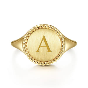14K Yellow Gold Round Engravable Signet Ring with Twisted Rope Frame