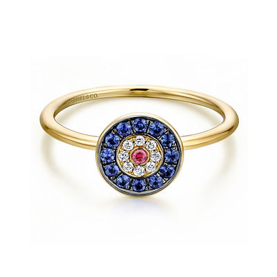 14K Yellow Gold Round Evil Eye Diamond  Sapphire and Ruby Ring