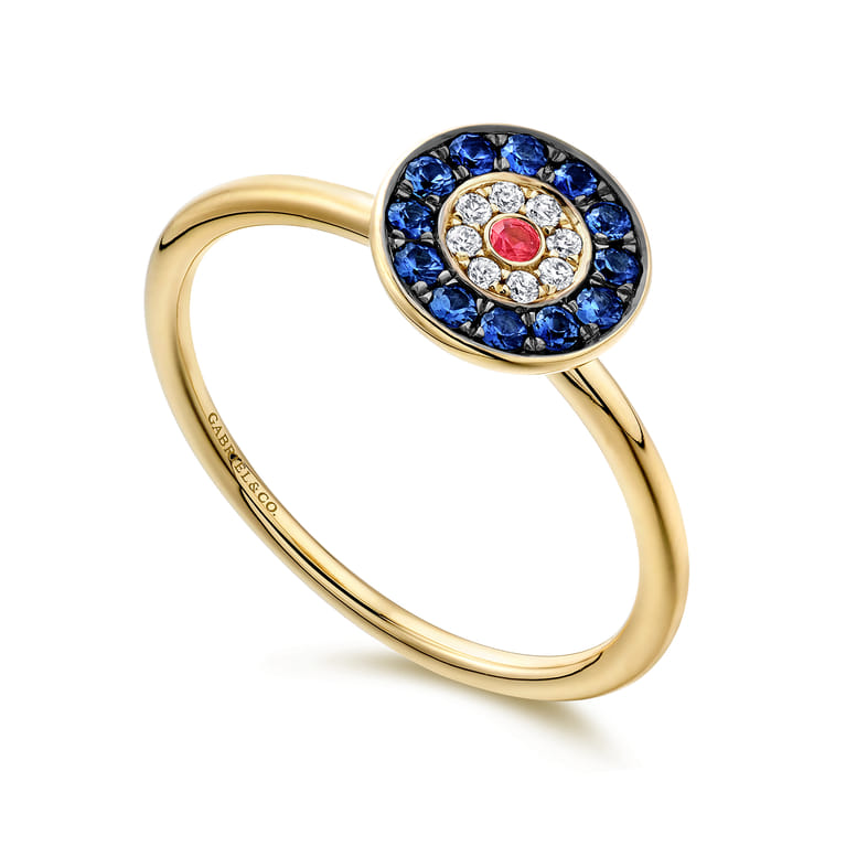 14K Yellow Gold Round Evil Eye Diamond Sapphire and Ruby Ring - 0.04 ct - Shot 3