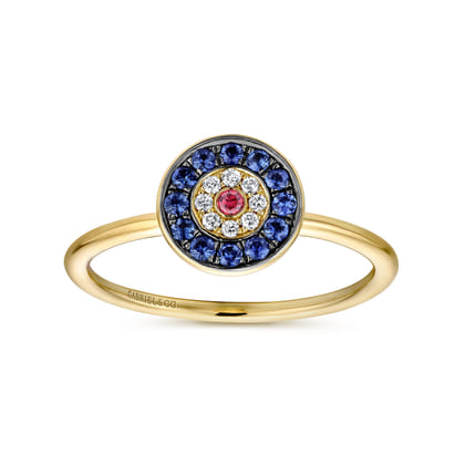 14K Yellow Gold Round Evil Eye Diamond Sapphire and Ruby Ring