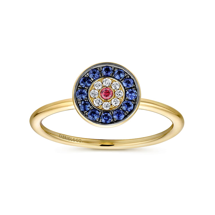 14K Yellow Gold Round Evil Eye Diamond Sapphire and Ruby Ring