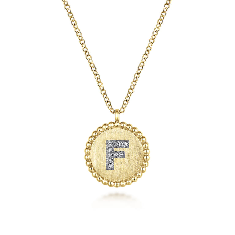 14K Yellow Gold Round F Initial Pendant Necklace with Diamonds - 0.04 ct - Shot 1