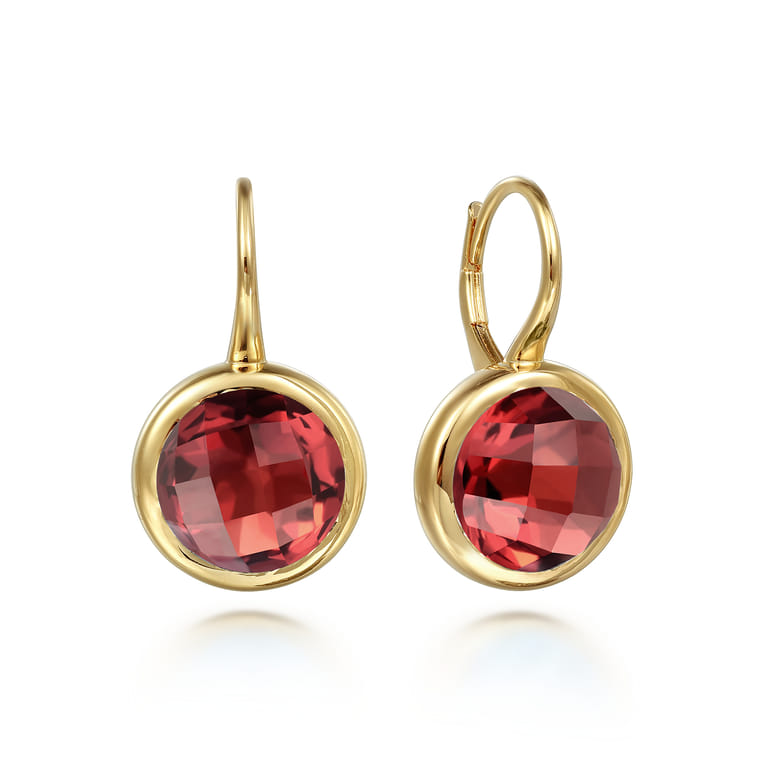 14K Yellow Gold Round Garnet Earrings With Flower Pattern J-Back - Shot 1
