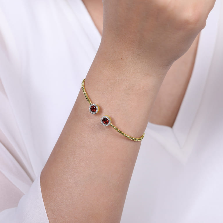 14K Yellow Gold Round Garnet and Diamond Halo Bujukan Bangle - 0.16 ct - Shot 4