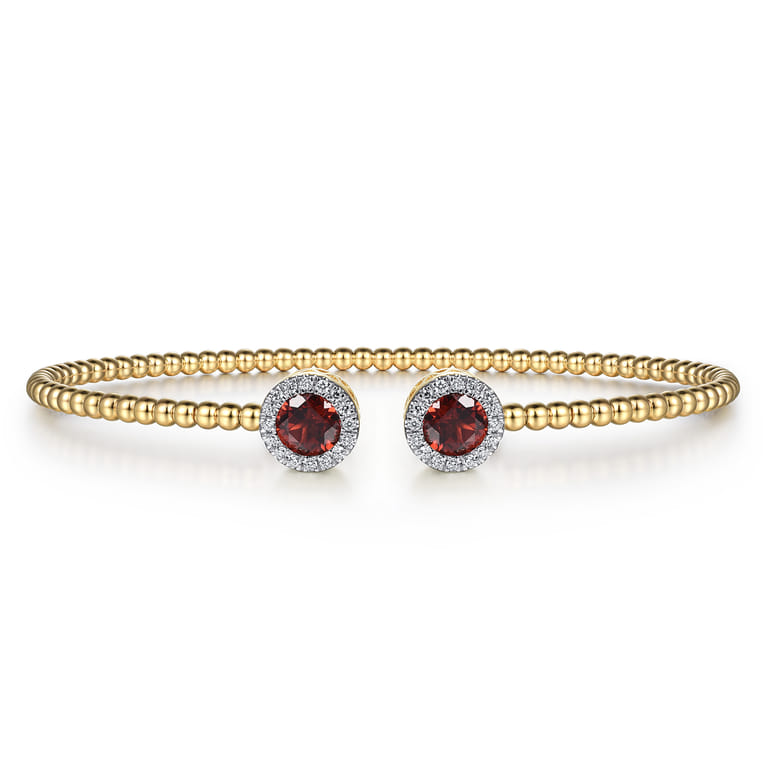 14K Yellow Gold Round Garnet and Diamond Halo Bujukan Bangle - 0.16 ct - Shot 1