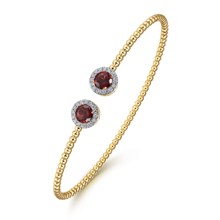 14K Yellow Gold Round Garnet and Diamond Halo Bujukan Bangle - 0.16 ct - Shot 2