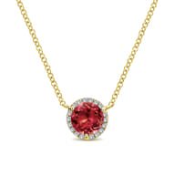 14K Yellow Gold Round Garnet and Diamond Halo Pendant Necklace