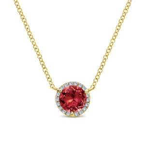 14K Yellow Gold Round Garnet and Diamond Halo Pendant Necklace
