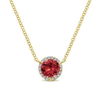 14K Yellow Gold Round Garnet and Diamond Halo Pendant Necklace