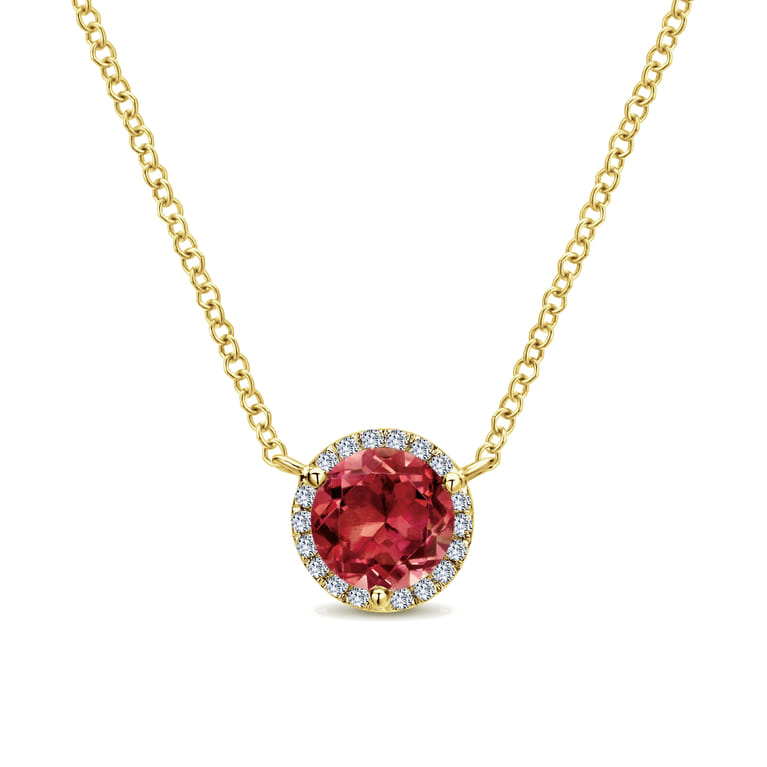 14K Yellow Gold Round Garnet and Diamond Halo Pendant Necklace - 0.07 ct - Shot 1