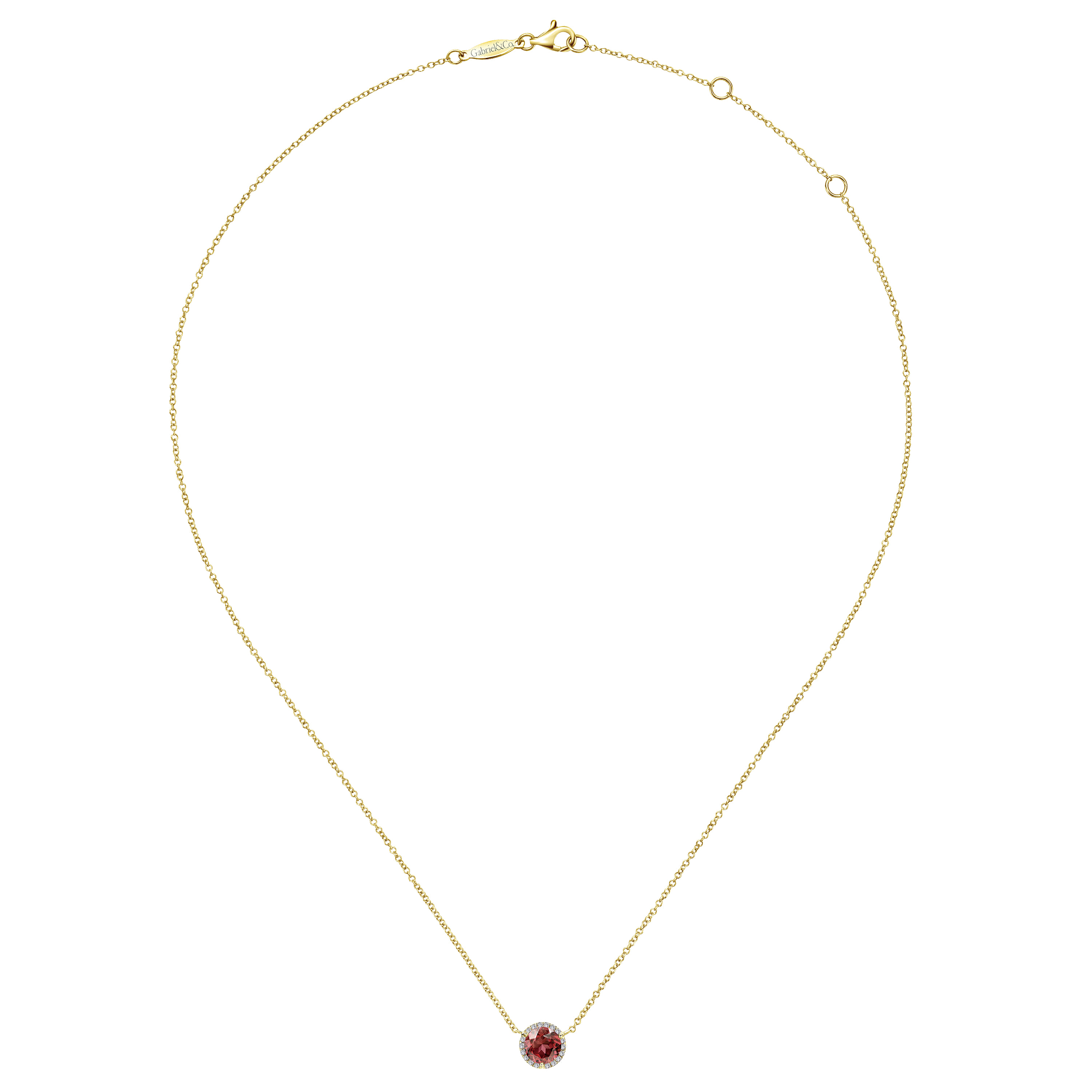14K Yellow Gold Round Garnet and Diamond Halo Pendant Necklace