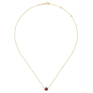 14K Yellow Gold Round Garnet and Diamond Halo Pendant Necklace
