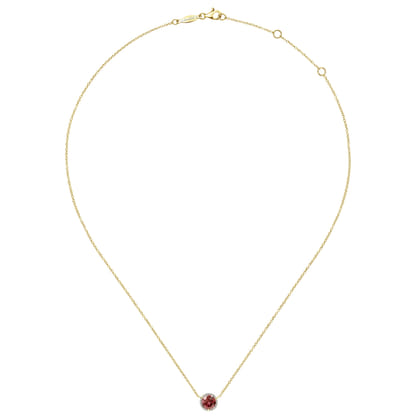 14K Yellow Gold Round Garnet and Diamond Halo Pendant Necklace