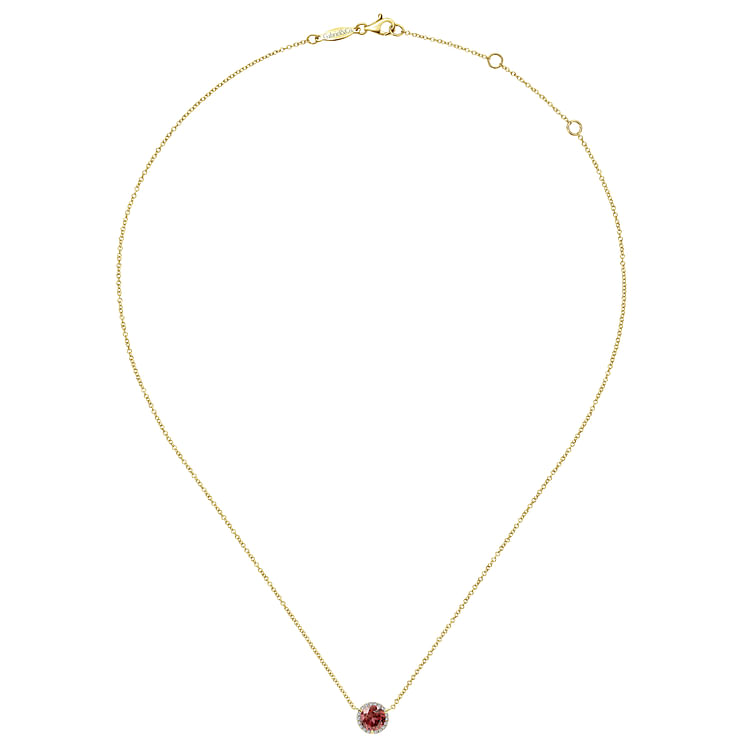 14K Yellow Gold Round Garnet and Diamond Halo Pendant Necklace