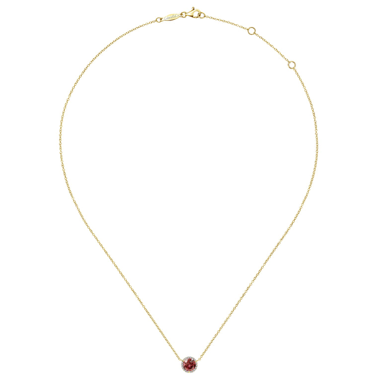 14K Yellow Gold Round Garnet and Diamond Halo Pendant Necklace - 0.07 ct - Shot 2