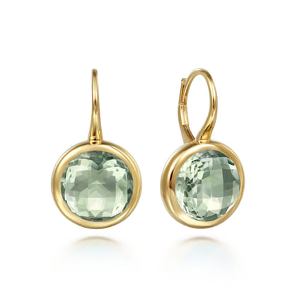 14K Yellow Gold Round Green Amethyst Earrings With Flower Pattern J-Back