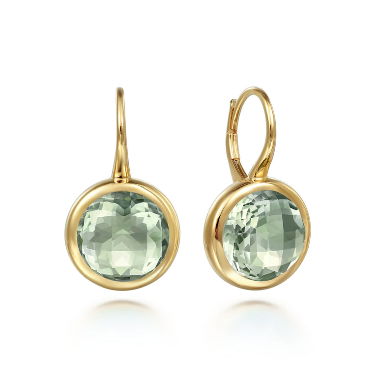 14K Yellow Gold Round Green Amethyst Earrings With Flower Pattern J-Back - Shot 1