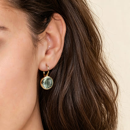 14K Yellow Gold Round Green Amethyst Earrings With Flower Pattern J-Back