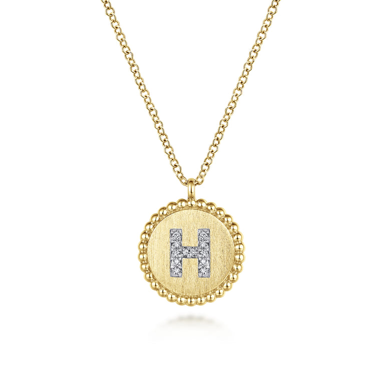 14K Yellow Gold Round H Initial Pendant Necklace with Diamonds - 0.04 ct - Shot 1