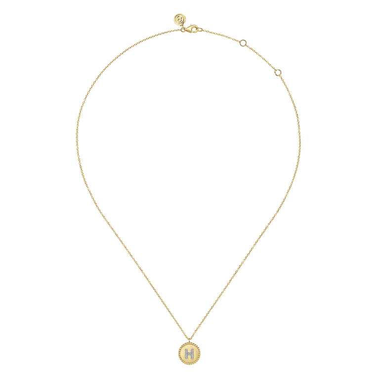 14K Yellow Gold Round H Initial Pendant Necklace with Diamonds - 0.04 ct - Shot 2