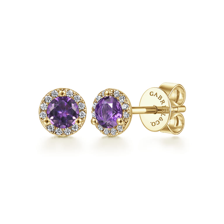 14K Yellow Gold Round Halo Amethyst and Diamond Stud Earrings - 0.09 ct - Shot 1