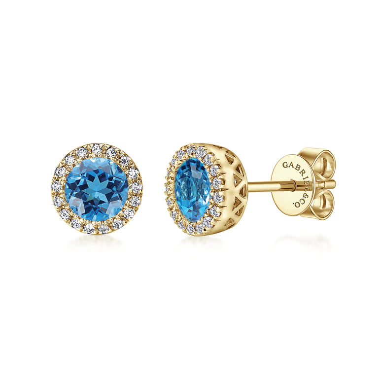 14K Yellow Gold Round Halo Blue Topaz and Diamond Stud Earrings - 0.1 ct - Shot 1