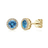 14K Yellow Gold Round Halo Blue Topaz and Diamond Stud Earrings - 0.1 ct