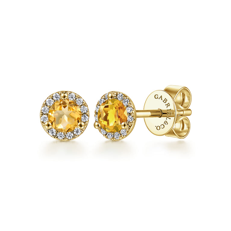 14K Yellow Gold Round Halo Citrine and Diamond Stud Earrings - 0.09 ct - Shot 1