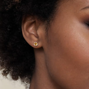 14K Yellow Gold Round Halo Citrine and Diamond Stud Earrings