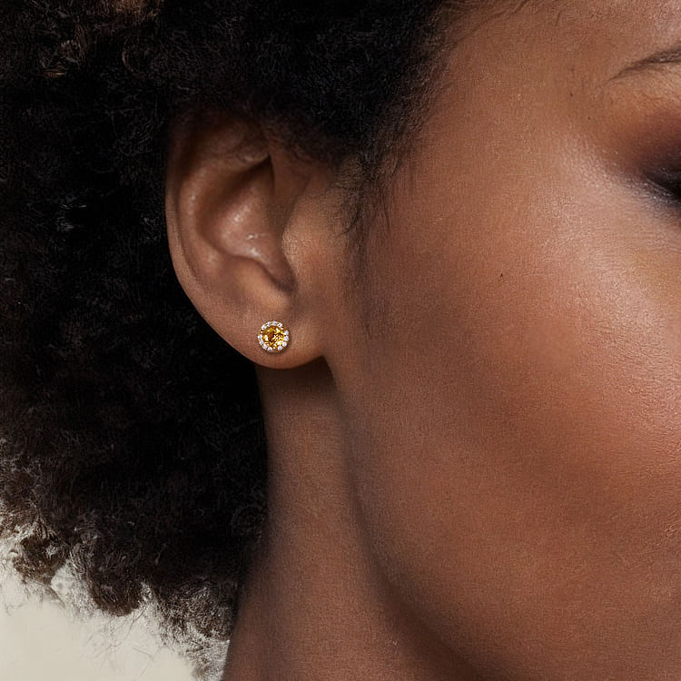 14K Yellow Gold Round Halo Citrine and Diamond Stud Earrings
