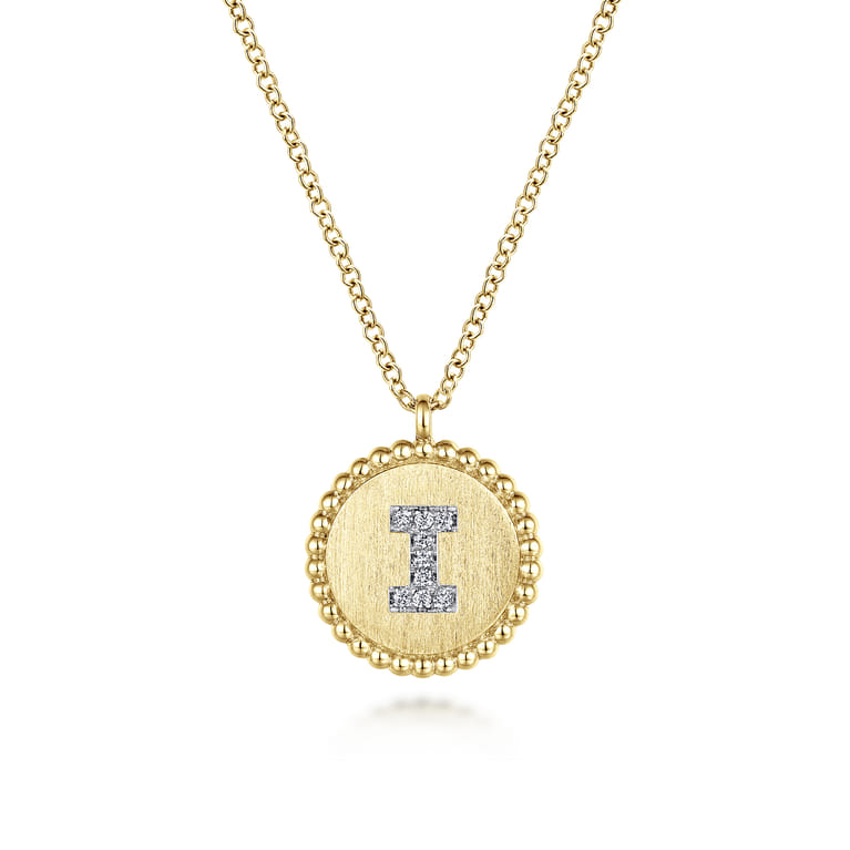 14K Yellow Gold Round I Initial Pendant Necklace with Diamonds - 0.03 ct - Shot 1