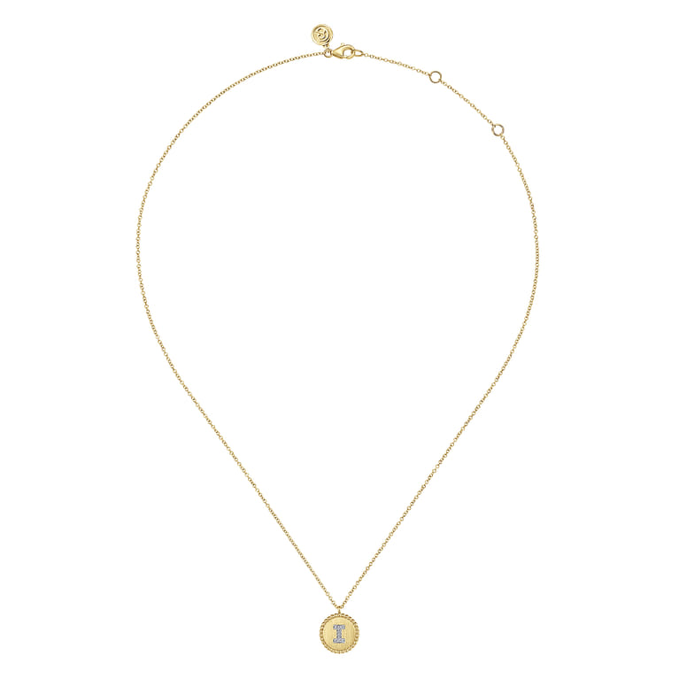 14K Yellow Gold Round I Initial Pendant Necklace with Diamonds - 0.03 ct - Shot 2