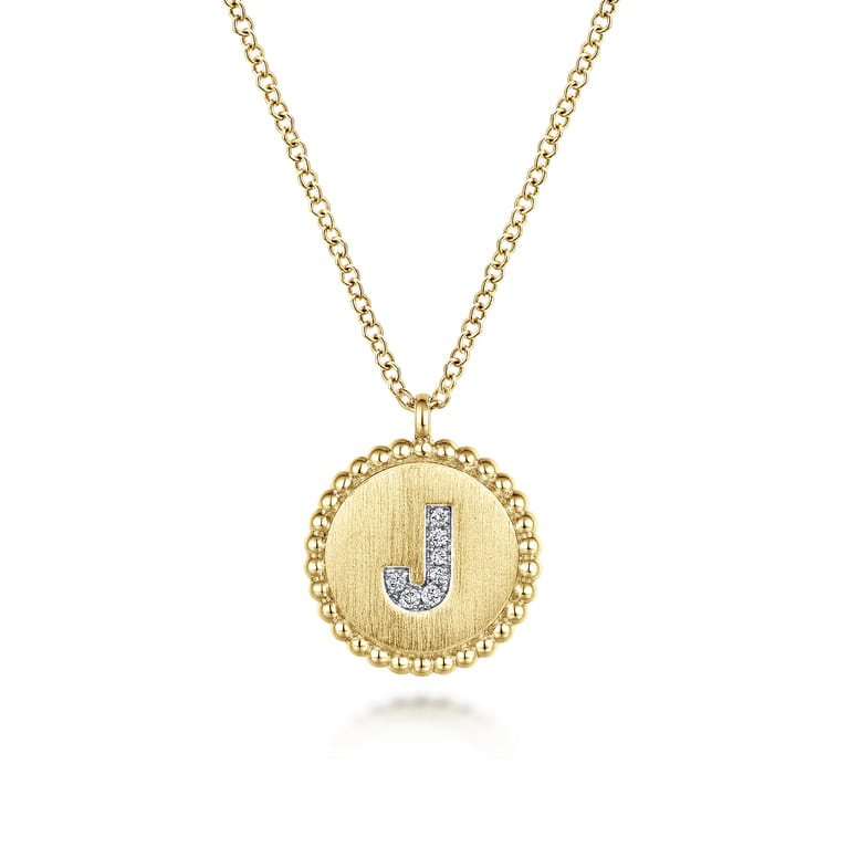 14K Yellow Gold Round J Initial Pendant Necklace with Diamonds - 0.03 ct - Shot 1