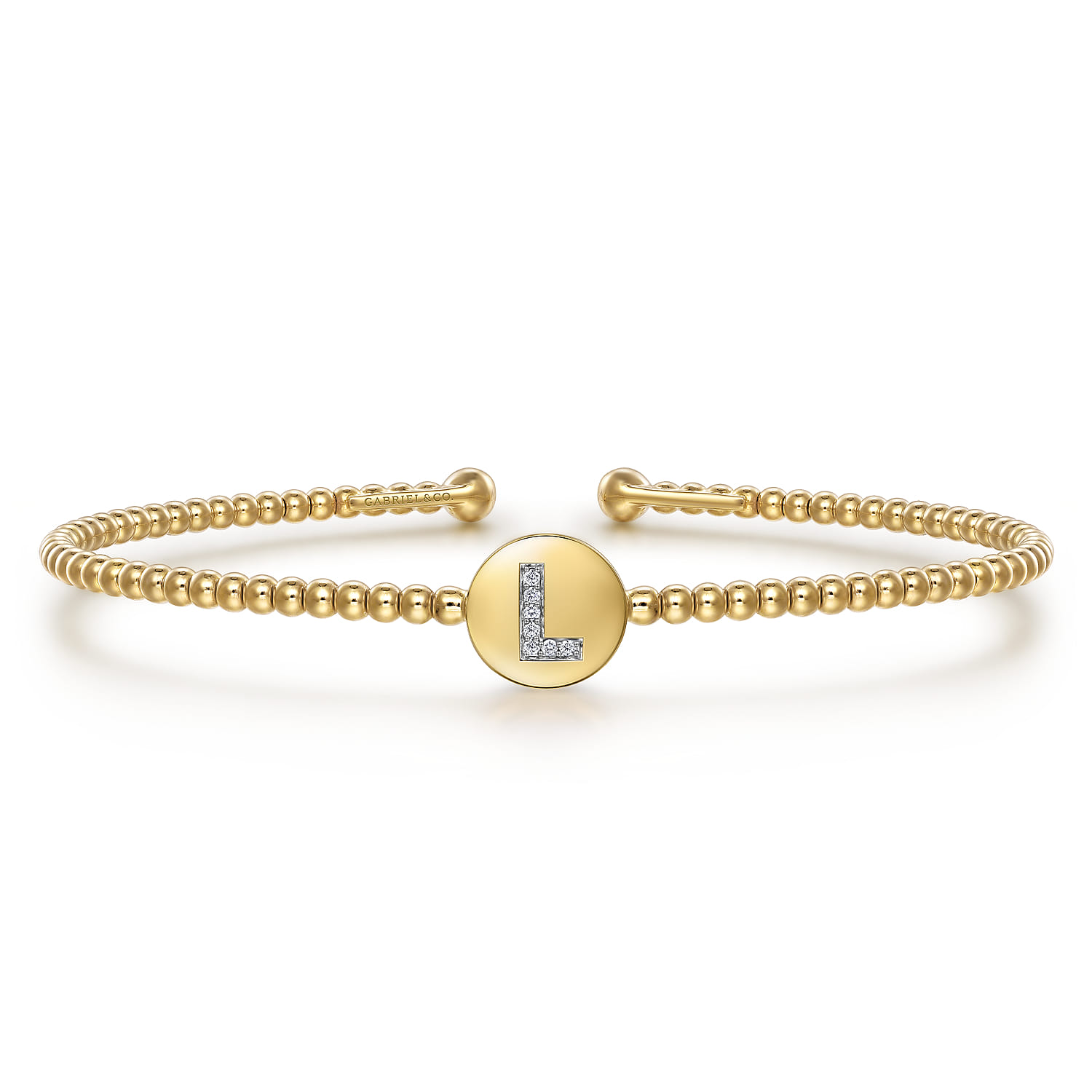 14K Yellow Gold Round L Initial Diamond Bujukan Cuff Bracelet - 0.03 ct - Shot 1